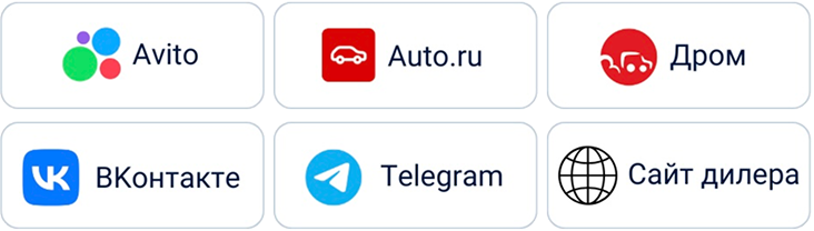 Avito, Auto.ru, Дром, ВКонтакте, Telegram, сайт дилера