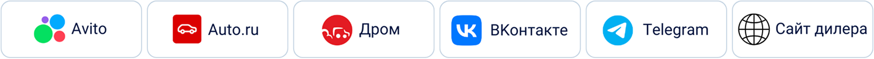 Avito, Auto.ru, Дром, ВКонтакте, Telegram, сайт дилера